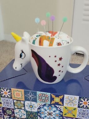 NEW White Unicorn Handle Ceramic Mug PIN Cushion with Purple Mane